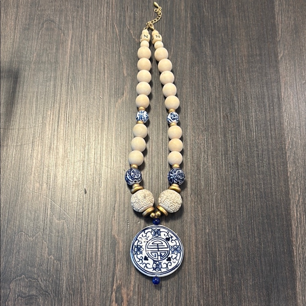 Artisanal Blue and Cream Ceramic Pendant Necklace